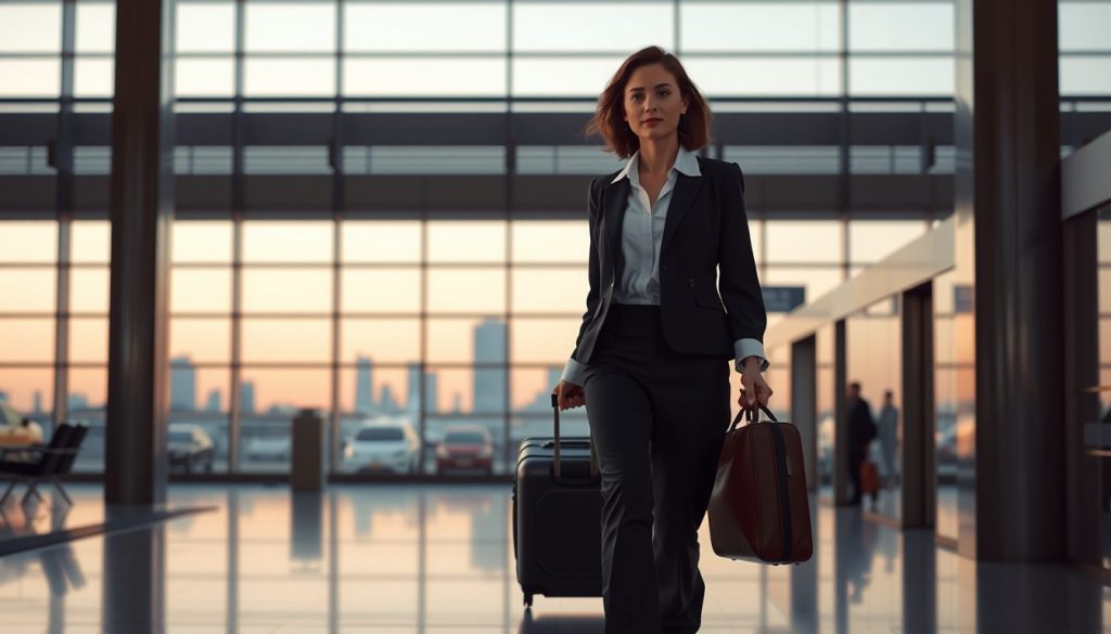 Dawn light floods the terminal as a frequent business traveler heads for customs, balancing a weekender bag and cabin case