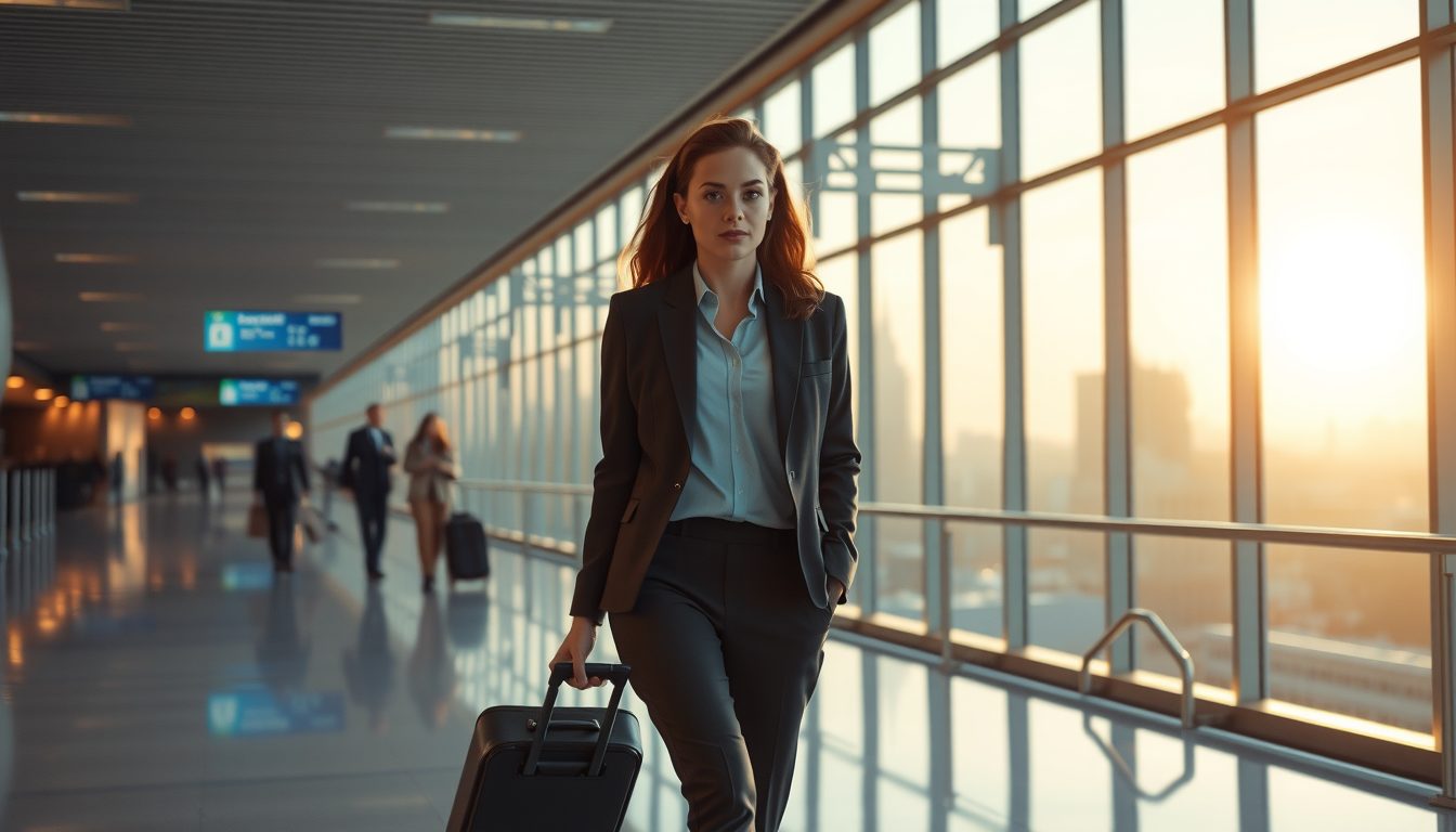 Confident frequent flyer walking past floor-to-ceiling glass at daybreak, carry-on in tow after sleeping on a red-eye