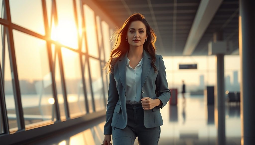 A composed flyer steps off an overnight flight, crossing the quiet terminal in the first light of morning.