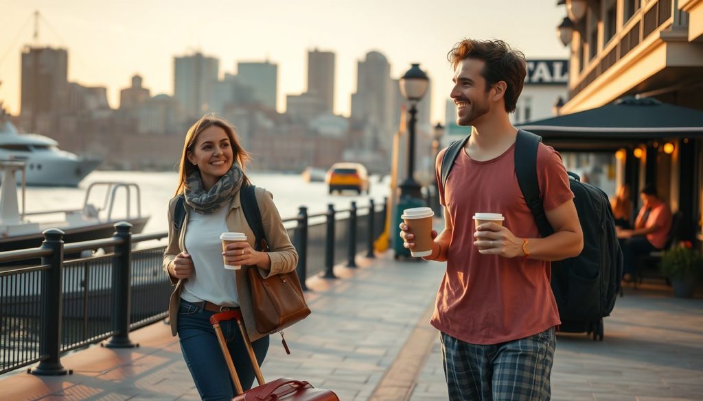 Young travelers starting their first full day in Europe, walking past moored boats with carry-on bags and takeaway coffee