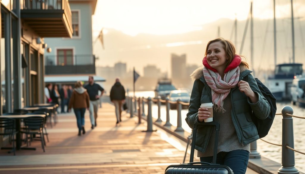 Neck pillow, backpack, and a hot drink—her go-to toolkit for turning red-eye arrival into a soft, slow morning