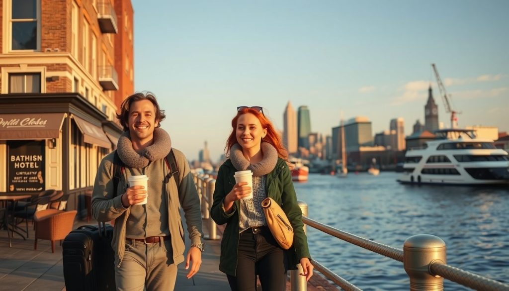 Young travelers smiling on a harbor promenade, enjoying early-morning light and caffeine before their first full day in Europe