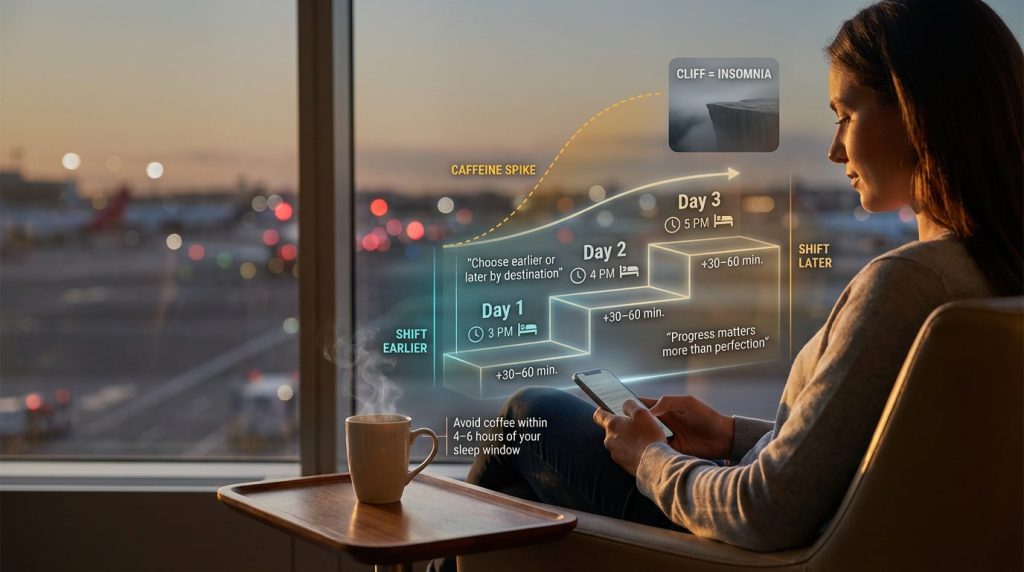 Traveler at airport dusk with holographic Day 1–3 staircase showing 30–60‑minute wake and bedtime shifts and a coffee‑caffeine spike warning