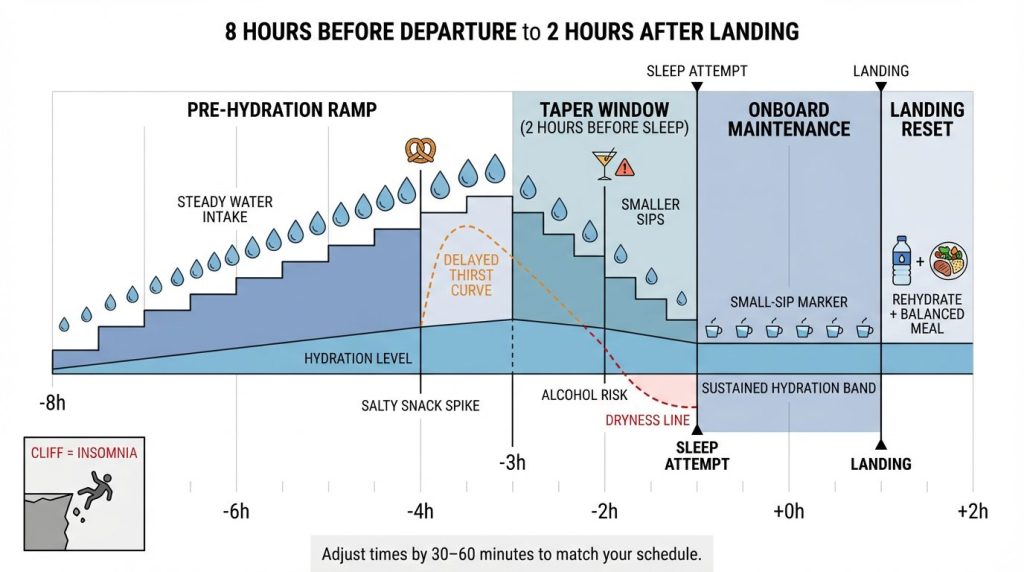 Red‑eye hydration timeline: pre‑hydration ramp, taper window, onboard maintenance