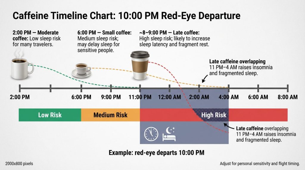 Caffeine timeline for 10 PM red‑eye: 2 PM low risk; 6 PM medium risk; 8–9 PM late coffee high risk overlapping 11 PM–4 AM sleep block