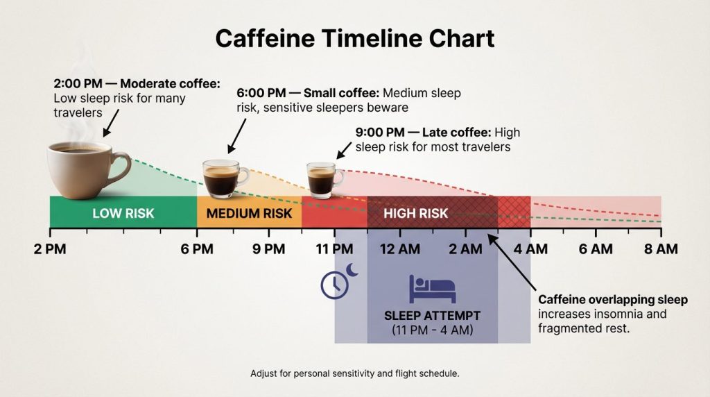 Caffeine timeline 2 PM–8 AM with coffee icons showing low/medium/high sleep risk and sleep attempt 11 PM–4 AM overlap warning