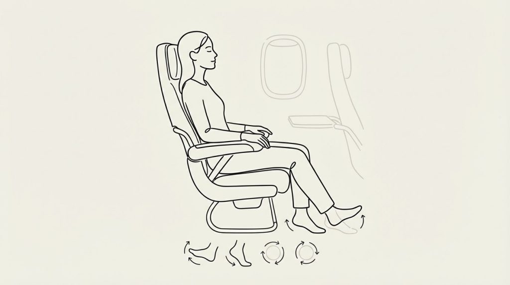 Traveler seated in an airplane performing subtle ankle pumps—toe lifts, toe presses, heel lifts, and ankle circles—to support in‑flight circulation