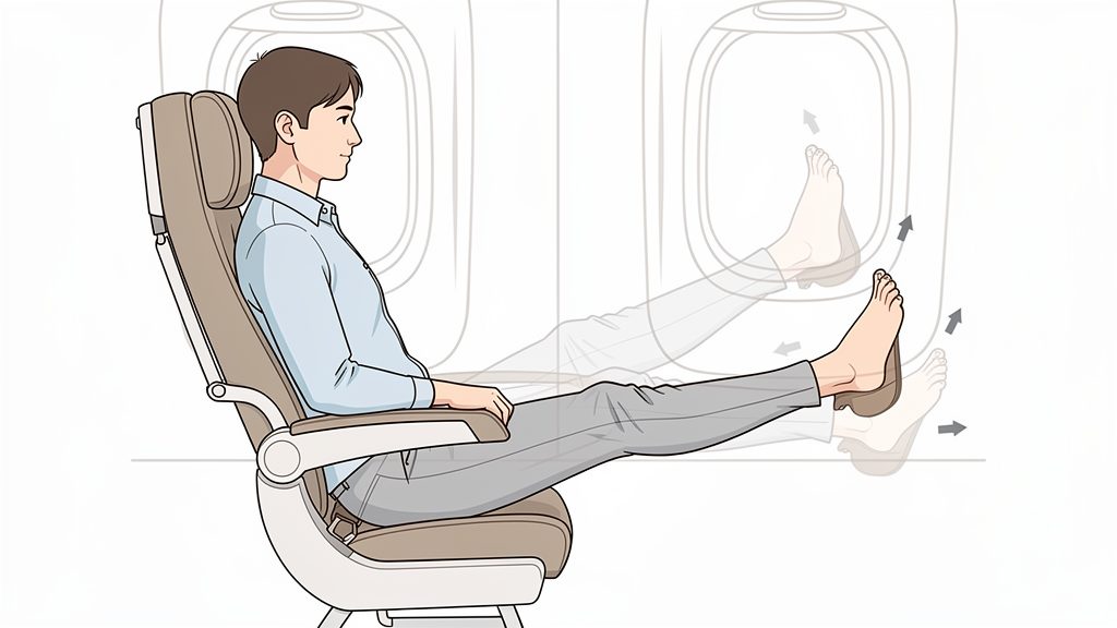 Traveler seated on a plane extending one leg forward with the foot flexed, then lowering with control to activate the knee and thigh muscles during a flight
