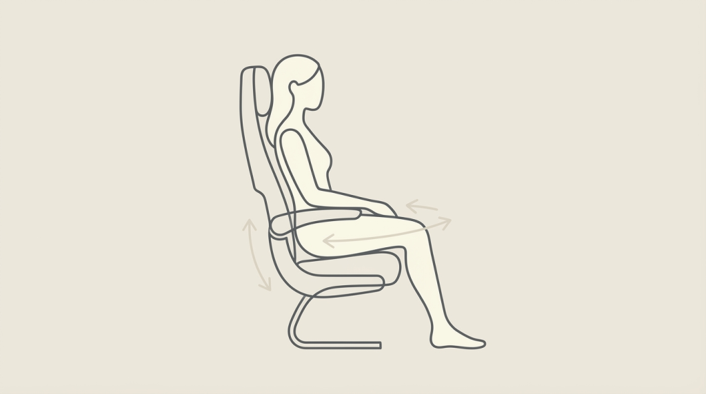 Traveler seated upright performing small pelvic tilts and gentle side‑to‑side weight shifts to ease lower‑back tension during long flights