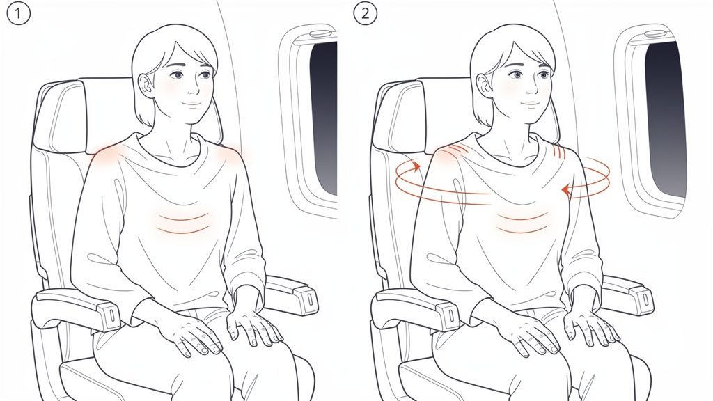 Traveler seated in an airplane doing a posture reset with a shoulder‑blade squeeze and slow shoulder rolls to release chest and shoulder tension