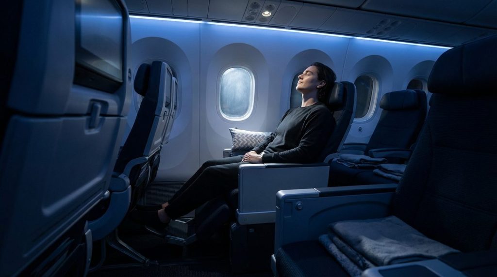 Traveler sitting comfortably in a dimly lit overnight airplane cabin, illuminated by soft moonlight from the window, with relaxed posture, feet planted, and a small lumbar cushion supporting the lower back during a red‑eye flight