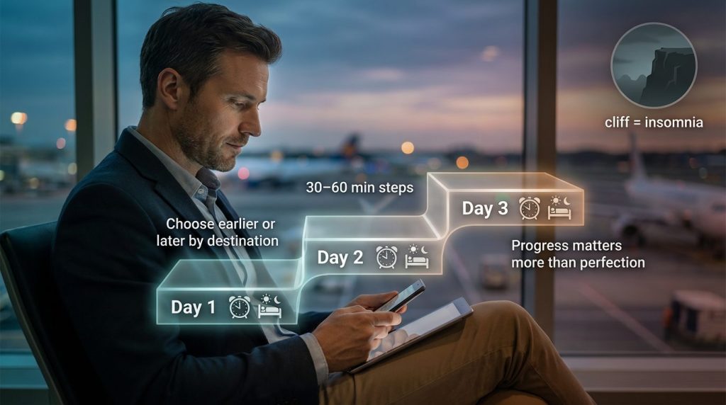 Traveler at airport dusk with holographic staircase showing Day 1–3 wake and bedtime shifts; Shift Earlier vs Shift Later, cliff = insomnia warning