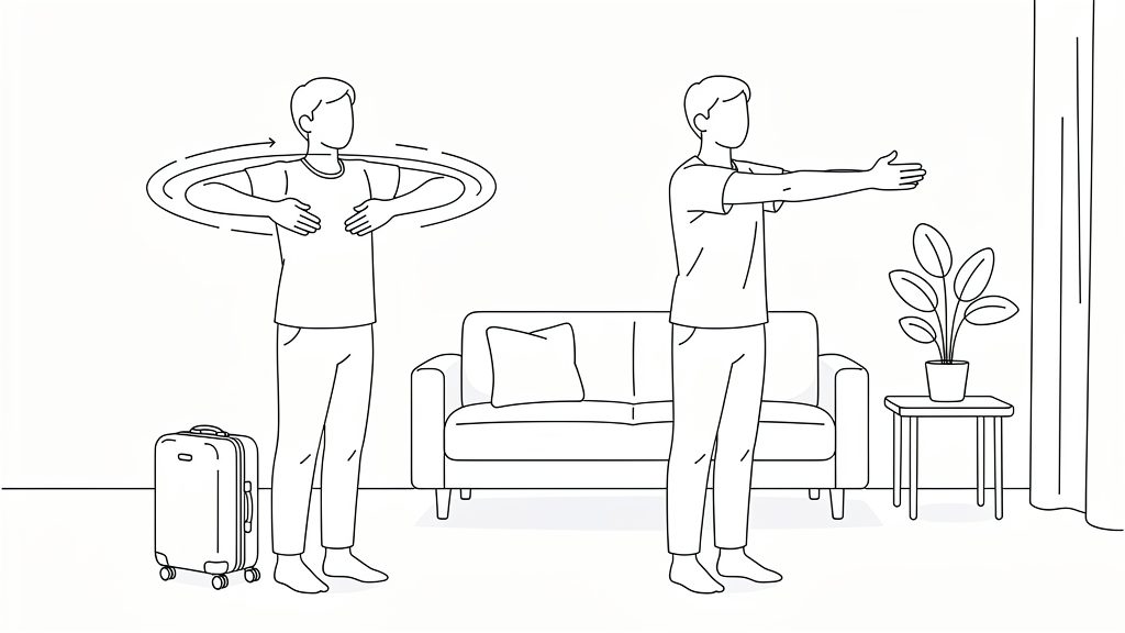Traveler standing and doing gentle shoulder circles and an upper‑back reach as part of a pre‑flight mobility warm‑up