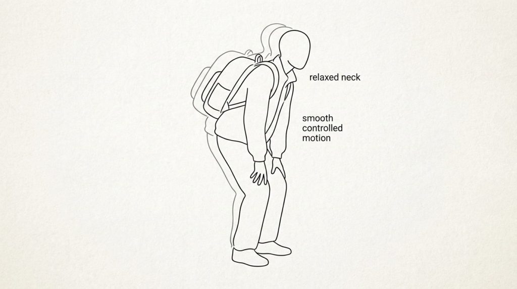 Traveler with hands on thighs moving through a small standing spine wave—gentle rounding and extension—to loosen the back before flying