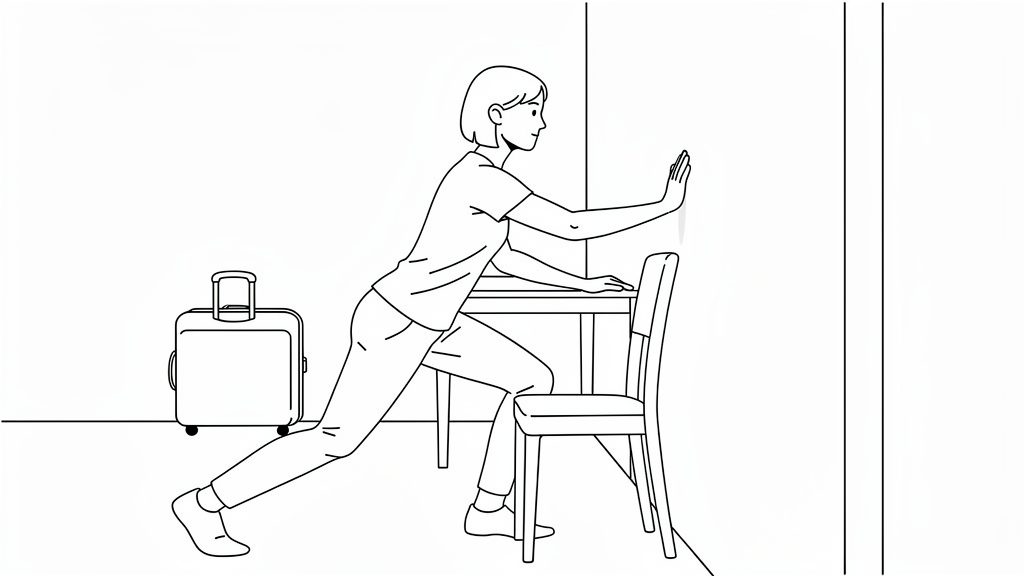 Traveler in a short lunge using a wall or chair for balance to stretch the hip flexors before a long flight