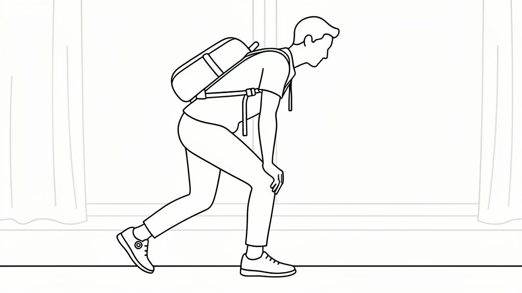 Traveler placing one heel forward and hinging at the hips with a long spine to create a mild hamstring stretch before boarding