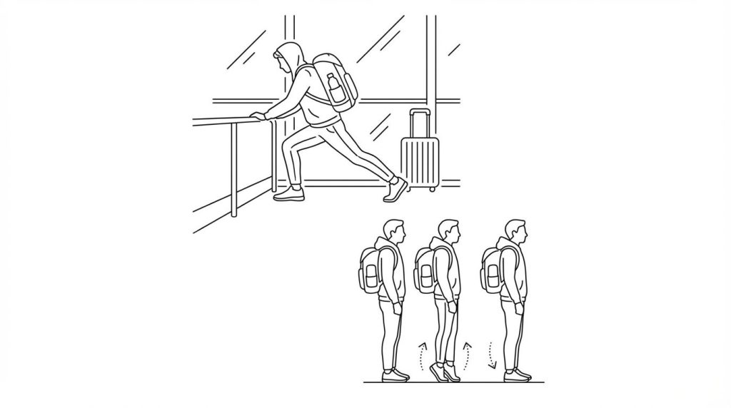 Traveler performing a calf stretch and slow heel raises to activate lower‑leg circulation before a long flight