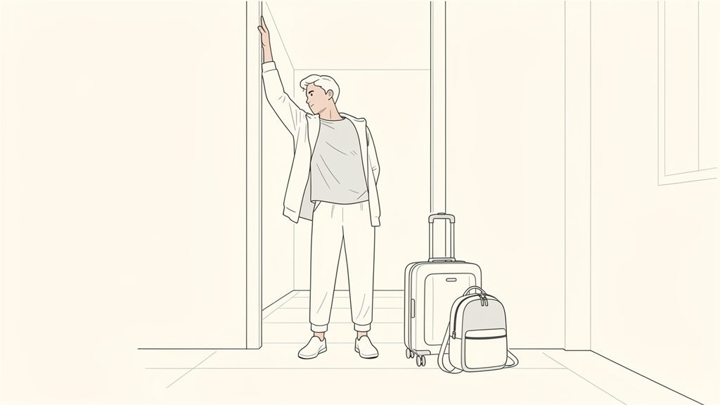 Traveler using a doorway or wall edge with forearm placed vertically, gently rotating the torso to open the chest before flying