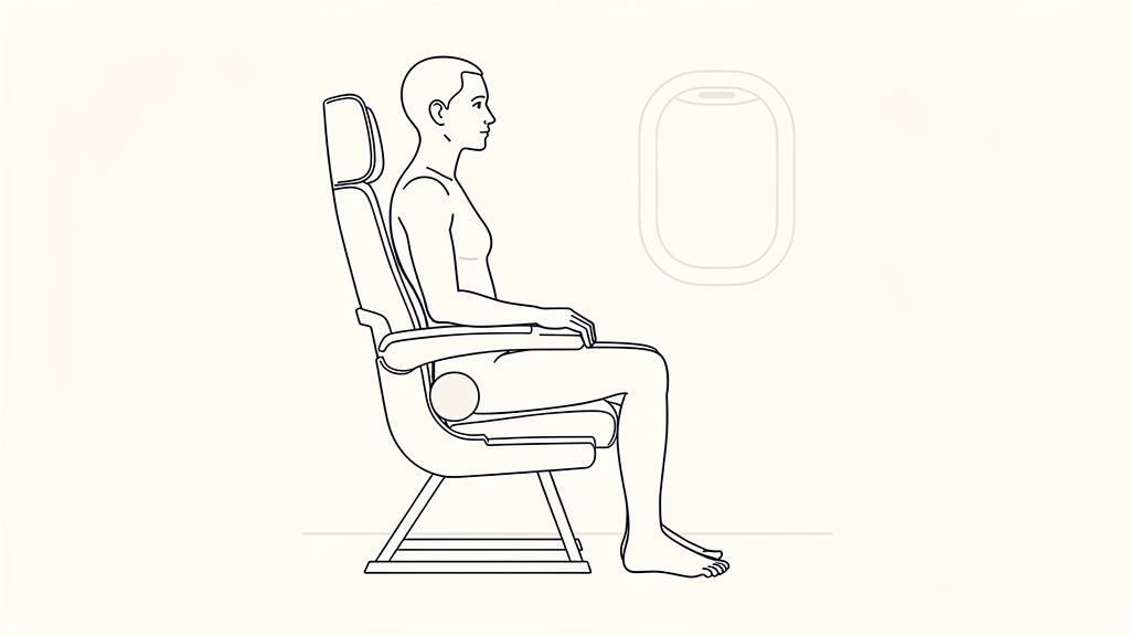 Traveler seated in an airplane with feet flat, knees relaxed, lumbar support in place, and head aligned for comfortable long‑flight posture