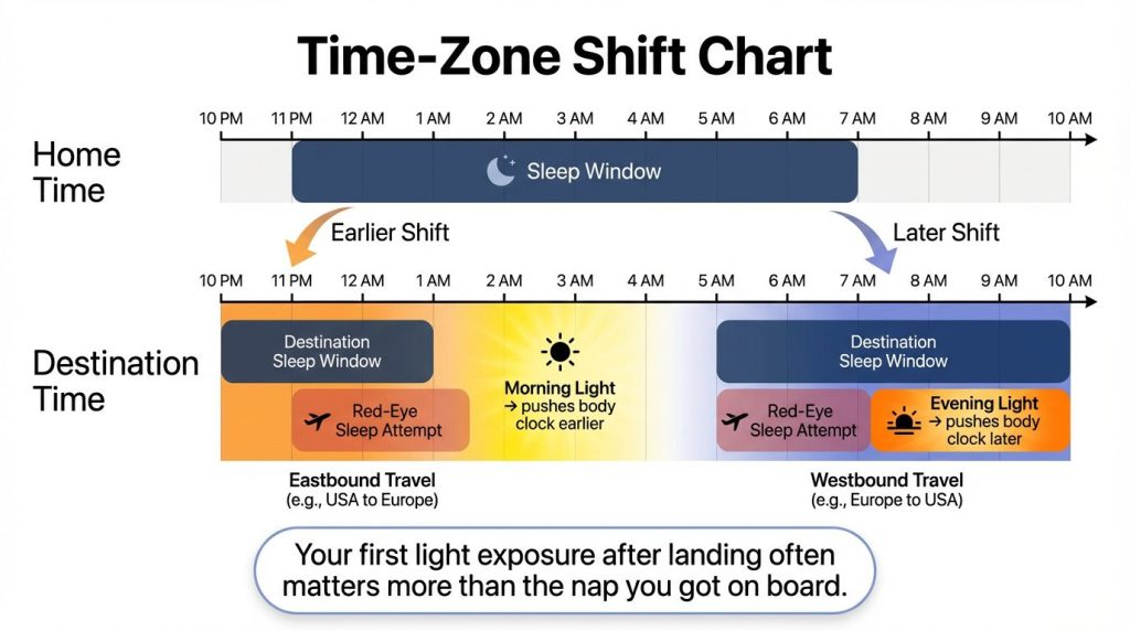 Time‑zone shift chart with sleep windows, red‑eye block, and light cues.