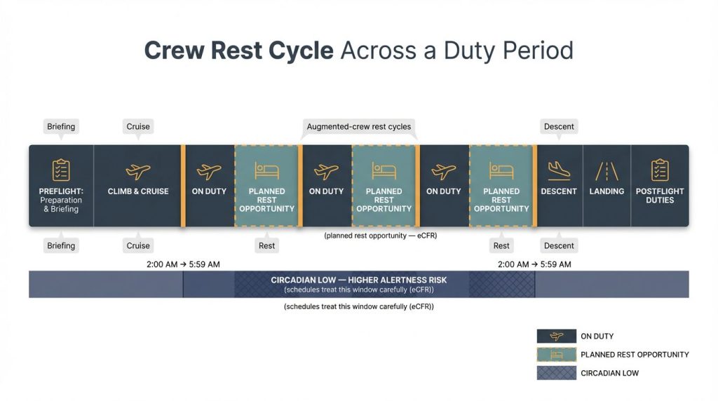 Crew rest cycle timeline showing preflight, climb/cruise, alternating on‑duty and planned rest blocks, circadian low 2:00–5:59 AM 