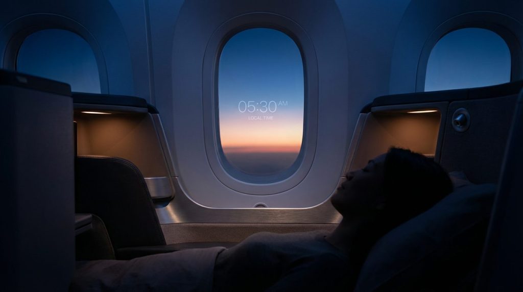 Photoreal red‑eye flight scene with dawn light and circadian clock reflection