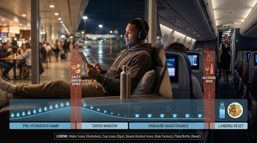 nighttime airport scene transitioning into an airplane cabin