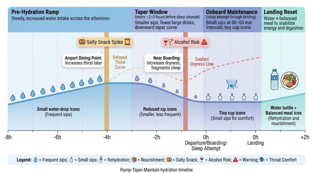 Red‑eye hydration timeline infographic