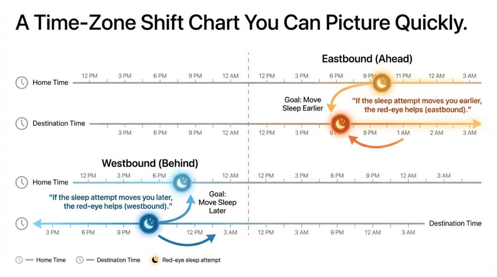 Simple time‑zone shift chart showing home time, destination time, and red‑eye sleep alignment