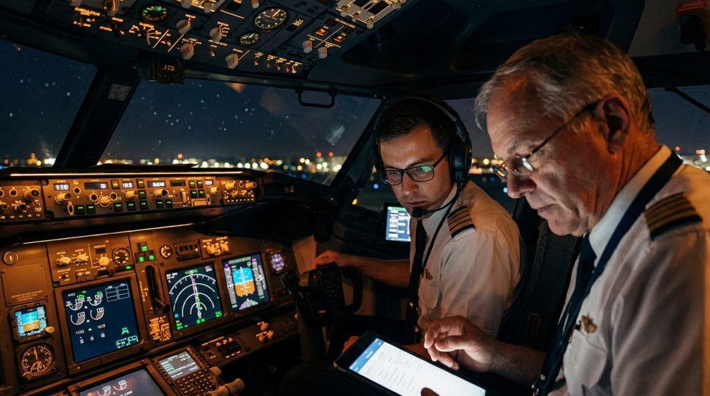 Two airline pilots in a dimly lit cockpit at night, instrument glow, focused
