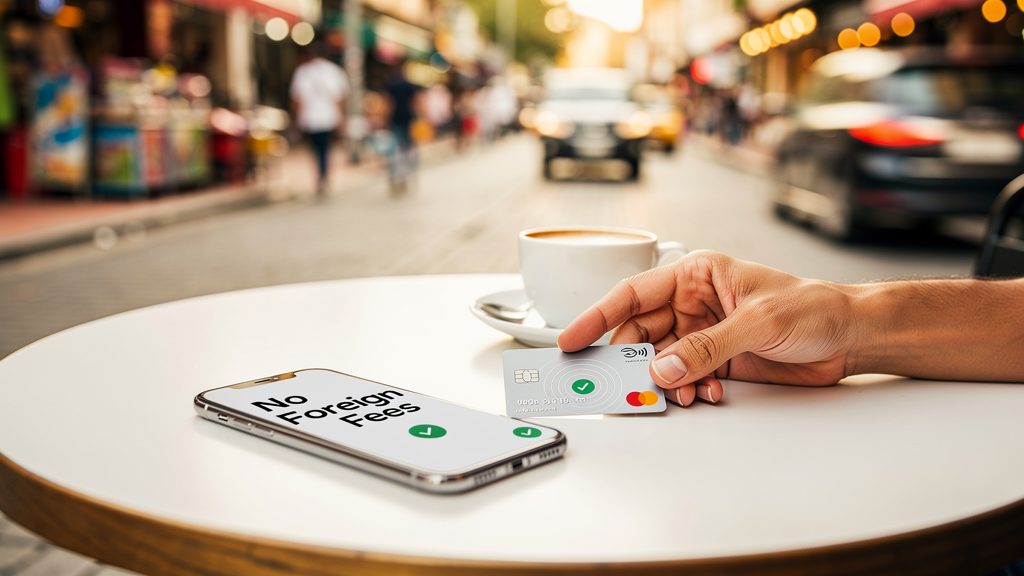 Traveler reviewing a no‑fee payment screen while enjoying a city café abroad