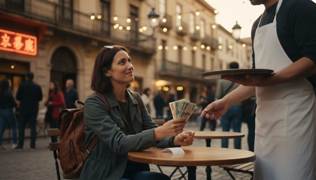 Respectful moment between traveler and server showing gratitude abroad