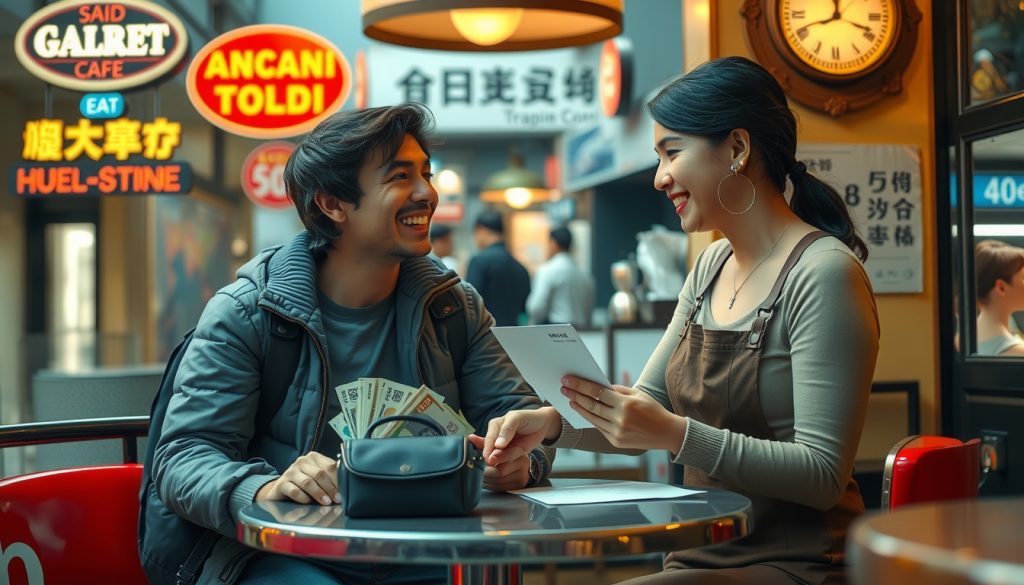 Cultural tipping scene with traveler offering a modest, thoughtful tip