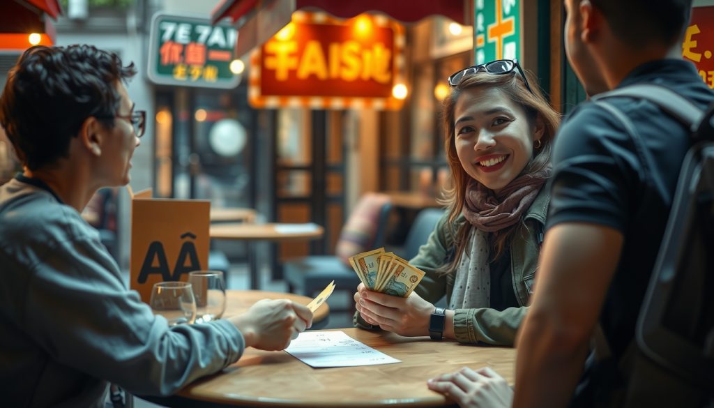 Warm café interaction highlighting global tipping etiquette and respect