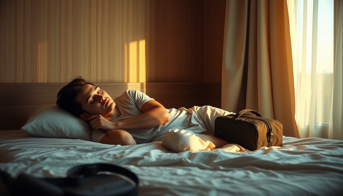 Traveler resting peacefully in a cozy hostel room at sunrise