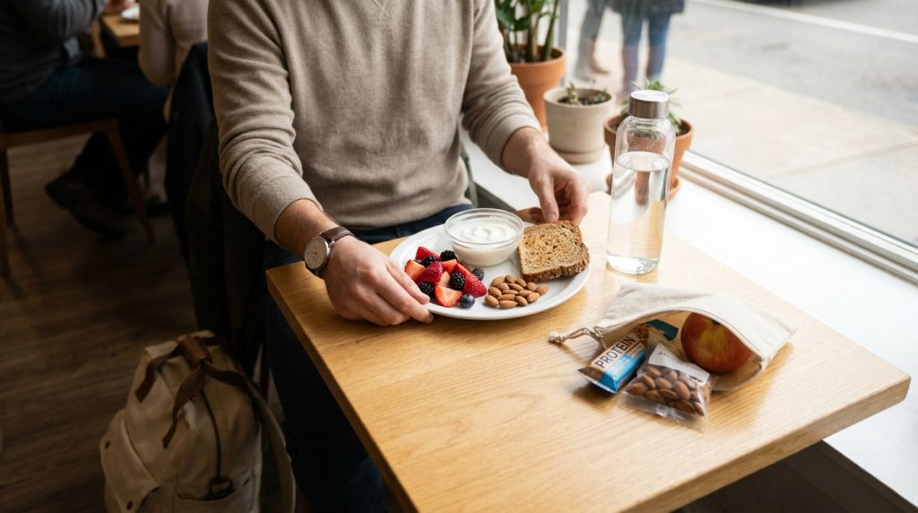Calm travel moment showing nutritious food choices and organized snacks