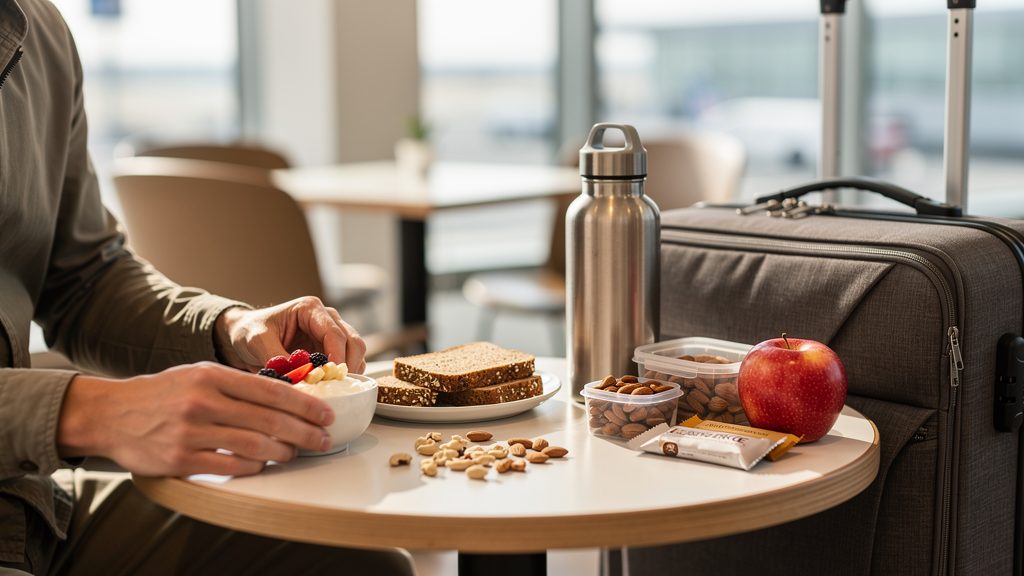 Healthy breakfast setup with whole foods and a reusable water bottle for travelers