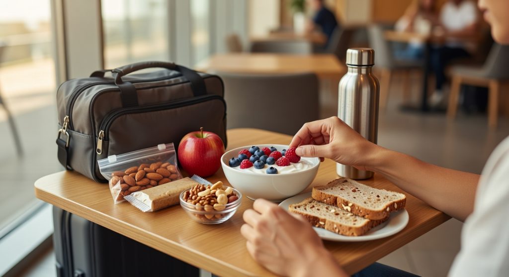 Balanced travel snacks arranged beside a carry‑on bag at a café table