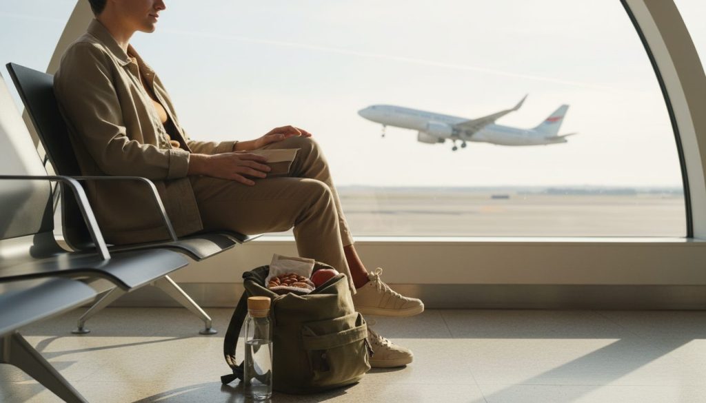 Open backpack with fruit, nuts, and a water bottle before a flight