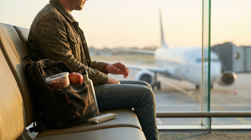 Calm airport scene showing simple, healthy travel food choices