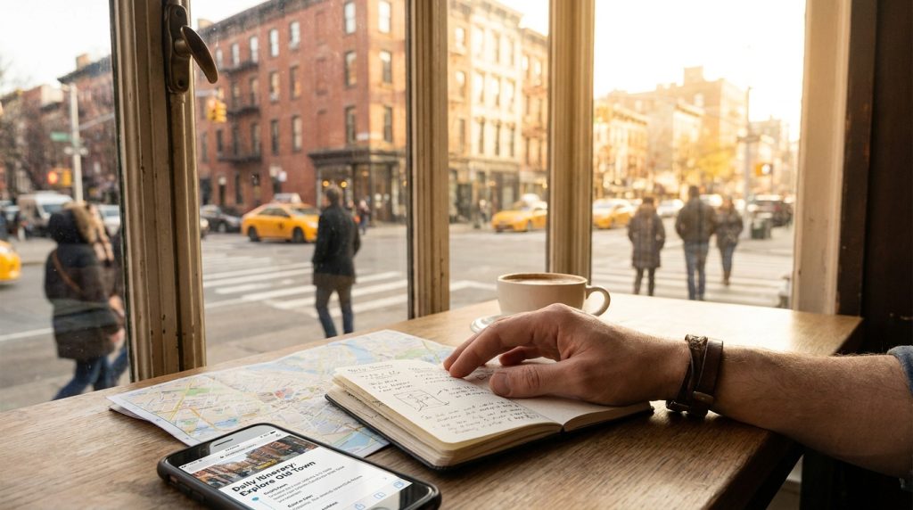 Golden‑hour city view with simple travel notebook and itinerary setup