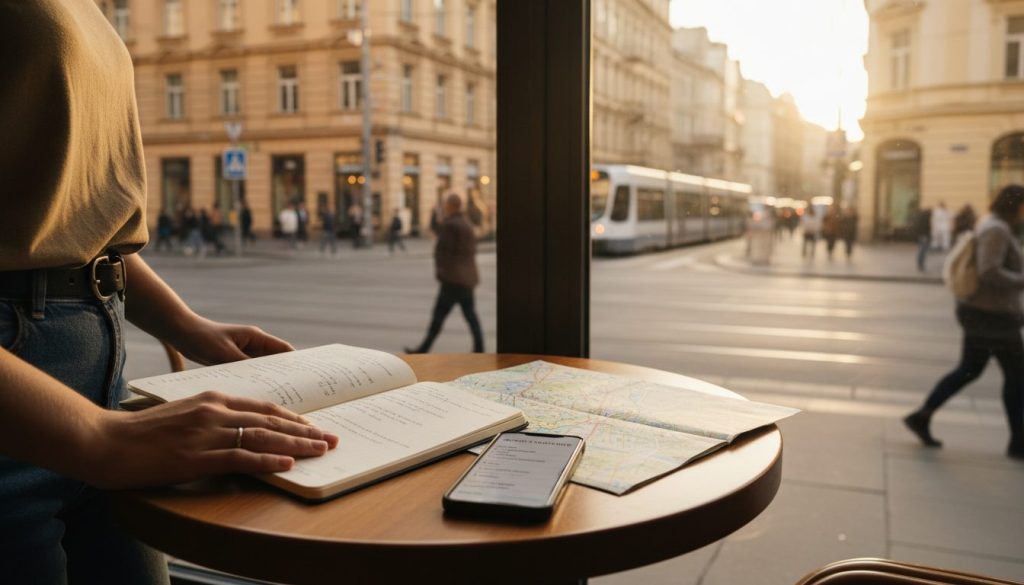 Quiet café moment showing traveler preparing for a budget‑friendly city trip