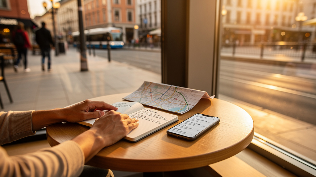 Calm urban scene with traveler reviewing a clear, structured trip plan