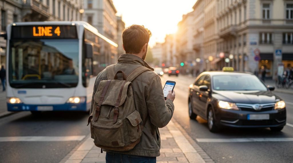 City street scene showing both transit and rideshare as travel choices