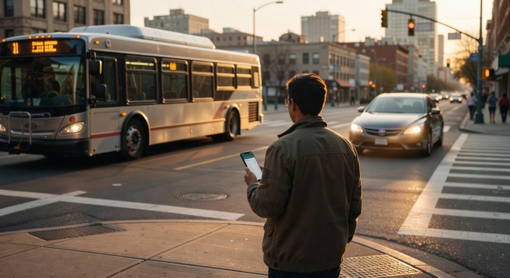 Traveler holding phone while deciding on the most cost‑effective ride