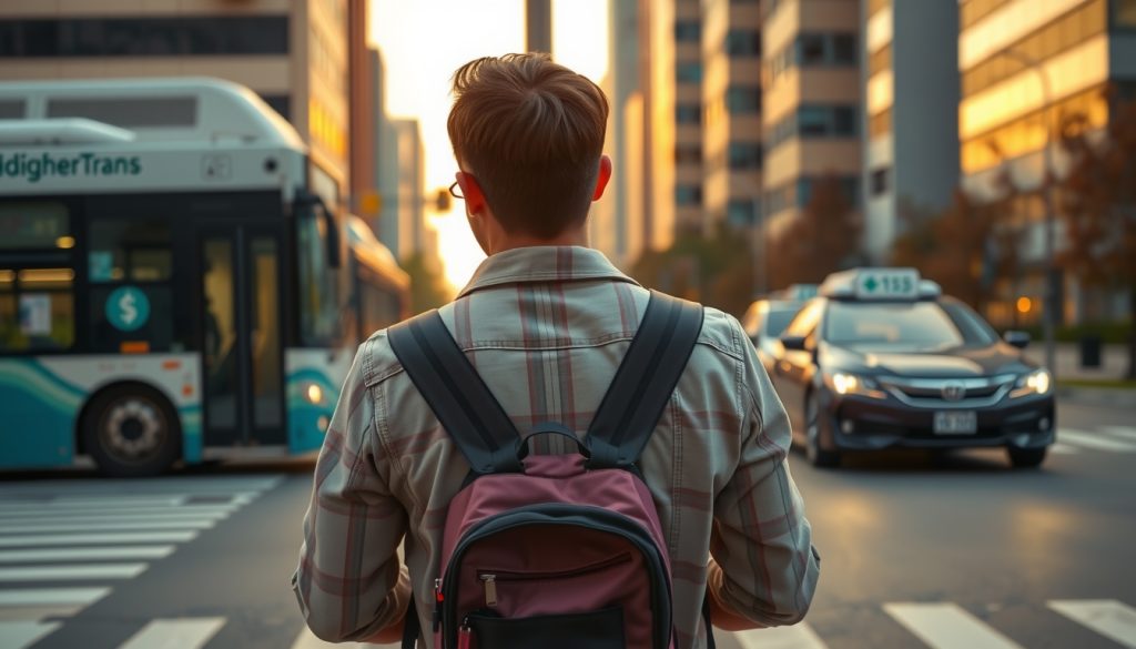 Golden‑hour moment comparing transit and rideshare options in the city
