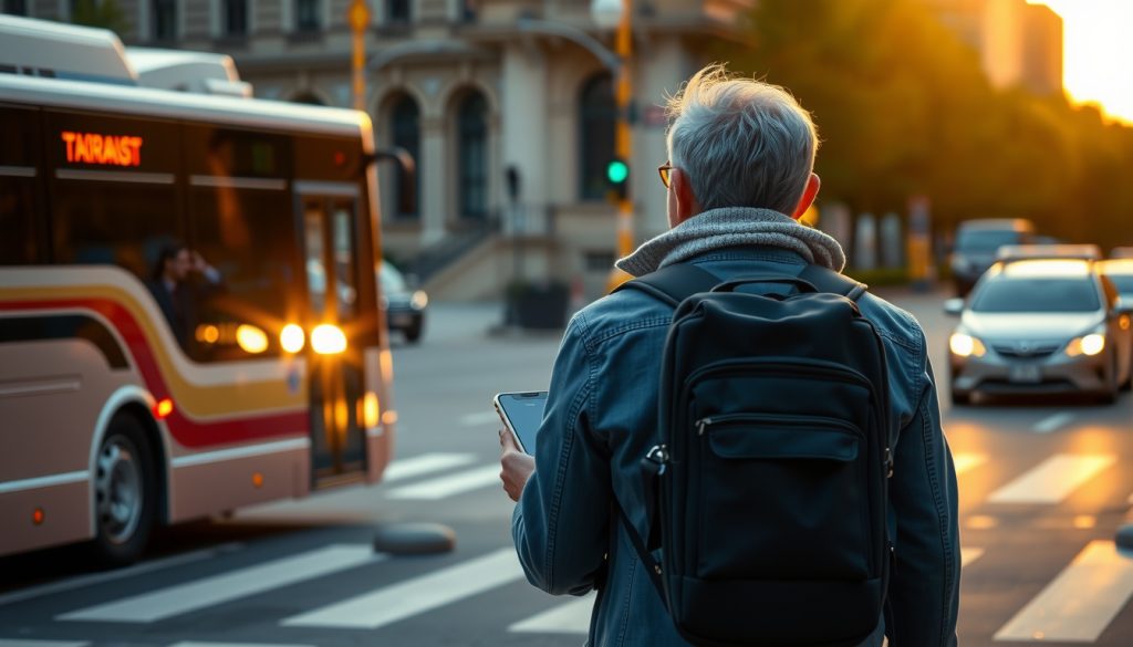 Traveler choosing between a bus and rideshare at a calm city intersection