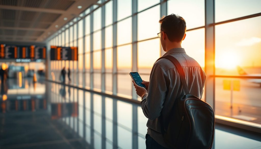 Traveler standing at airport window during golden hour, reviewing flight options calmly