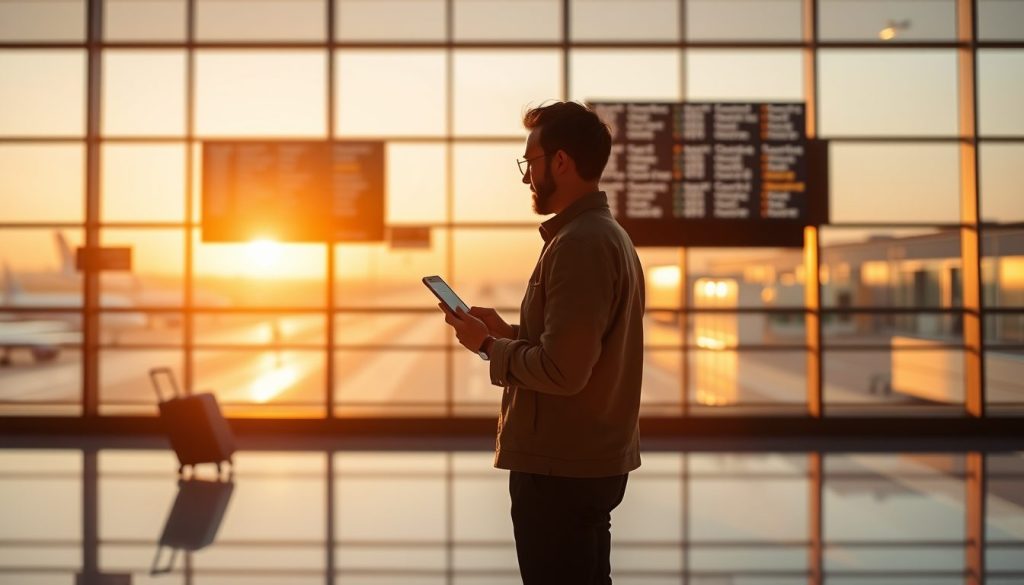 Relaxed traveler using phone in quiet airport terminal with warm sunset light