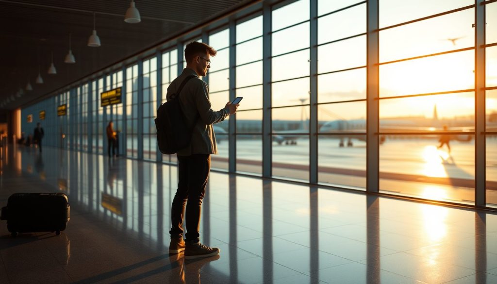Calm airport scene with traveler checking last‑minute travel choices on phone